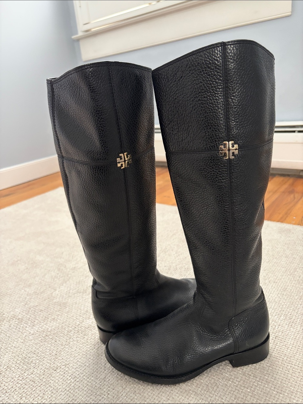 Tory Burch Black Leather Tall Riding Boots with Gold Logo